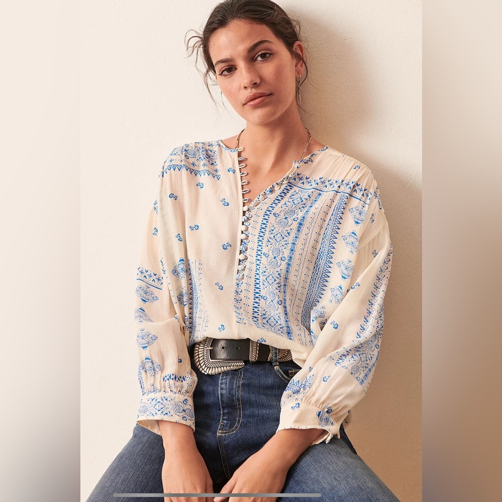 ba&sh Cream Blouse with Blue Floral Print